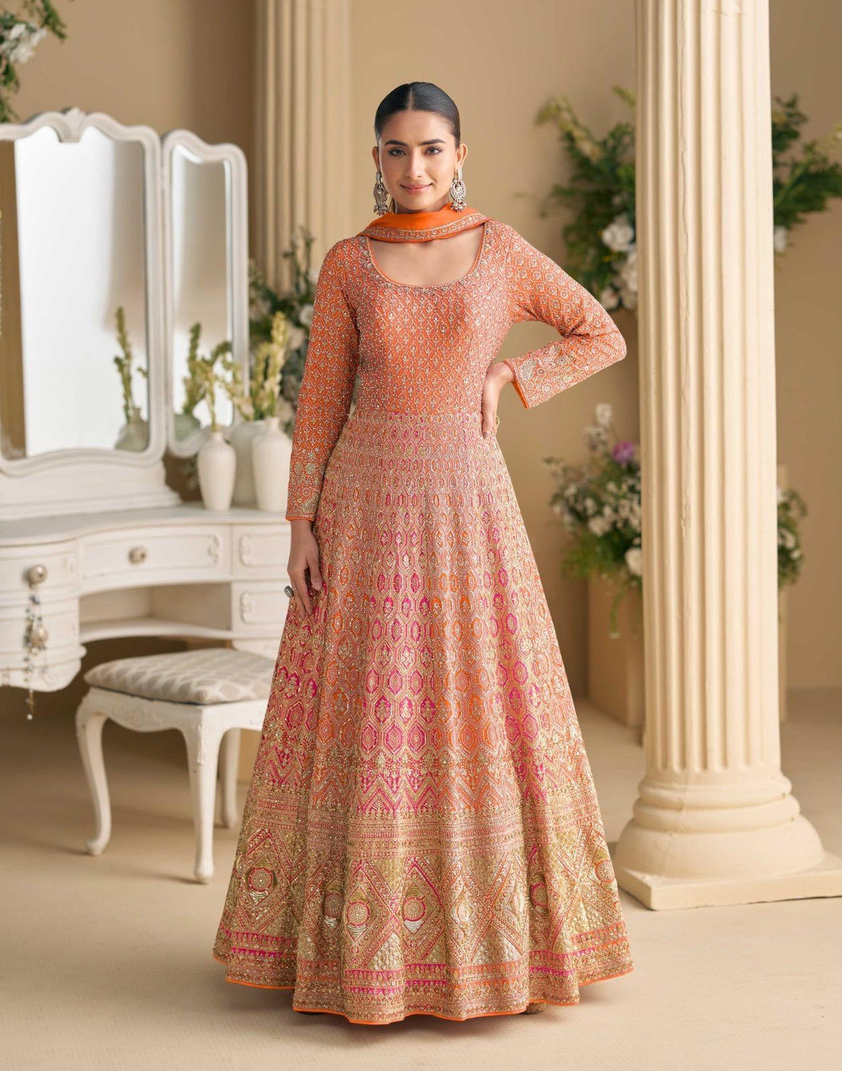 Rutba Swarovski Embellished Anarkali Gown by Sayuri | Premium Georgette Pink & Orange