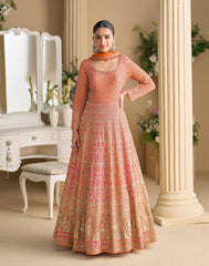 Rutba Swarovski Embellished Anarkali Gown by Sayuri | Premium Georgette Pink & Orange