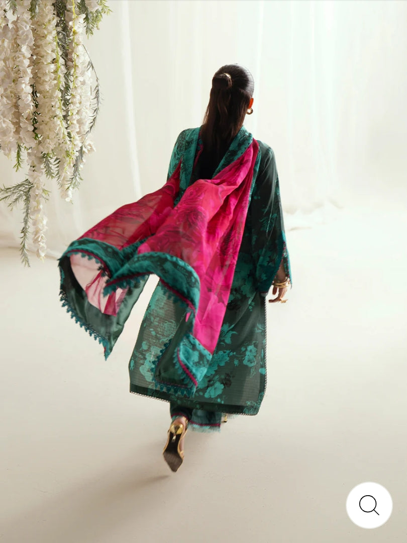 Eres Bonita by BinIlyas Embroidered Viscose Shirt with Digital Print Chiffon Dupatta & Trousers | 3-Piece Unstitched Suit 1106-B