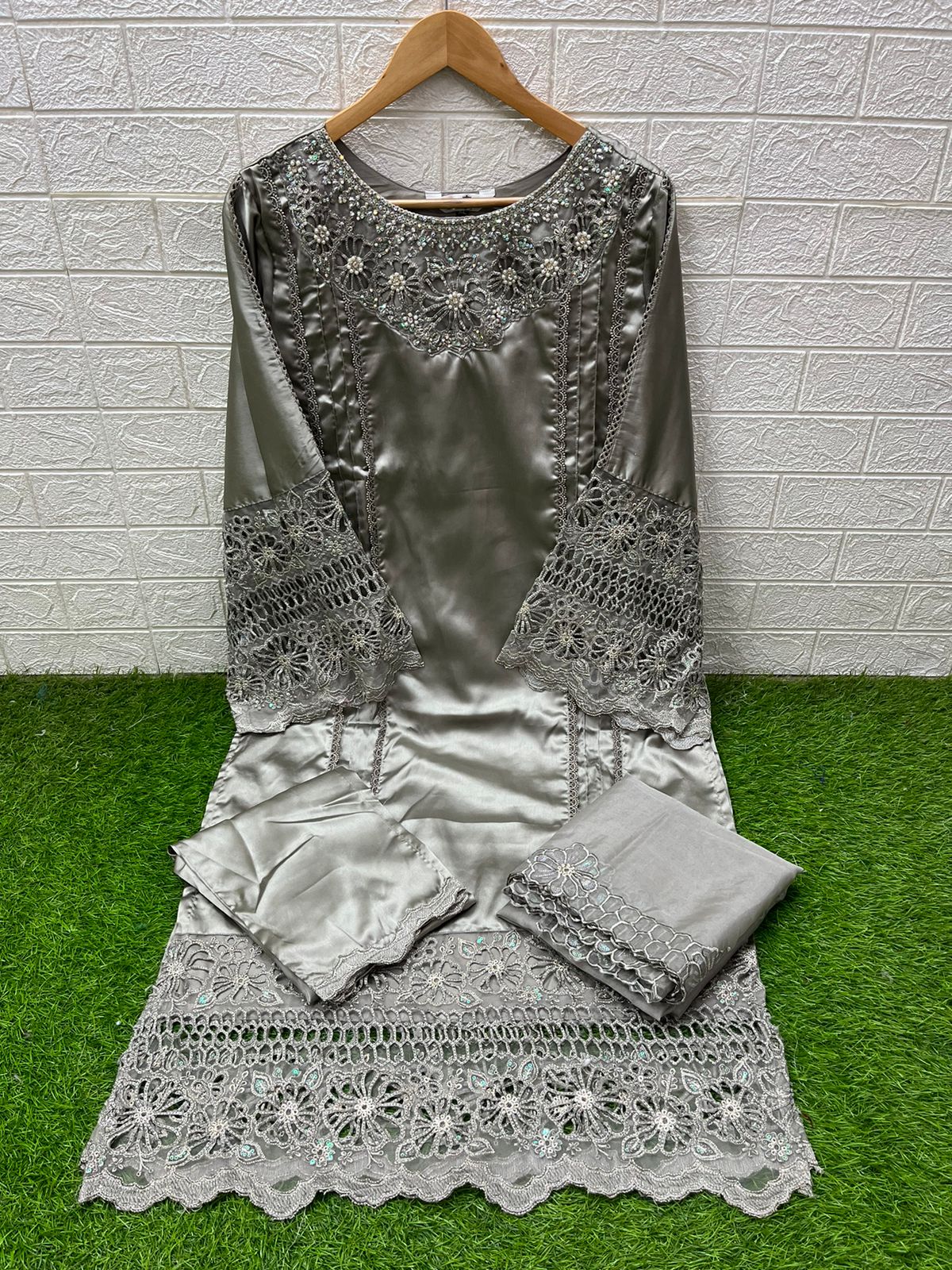 Laxuria Trendz | D.No.-1553 B | Embroidered Satin Tunic with Bell Sleeves & Organza Dupatta