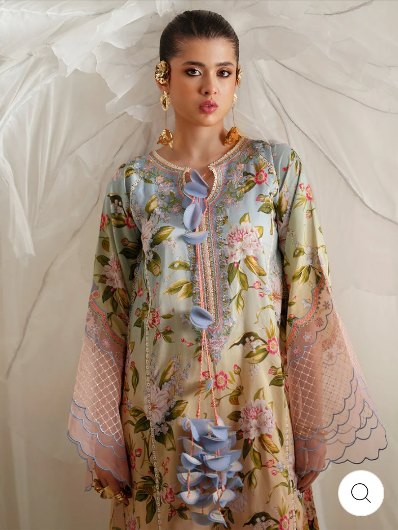 Eres Bonita by BinIlyas Embroidered Viscose Shirt with Digital Print Chiffon Dupatta & Trousers | 3-Piece Unstitched Suit 1105-A
