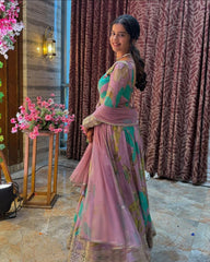 ZB-Series | Embroidered Fox Georgette Party Gown & Dupatta Set Pink