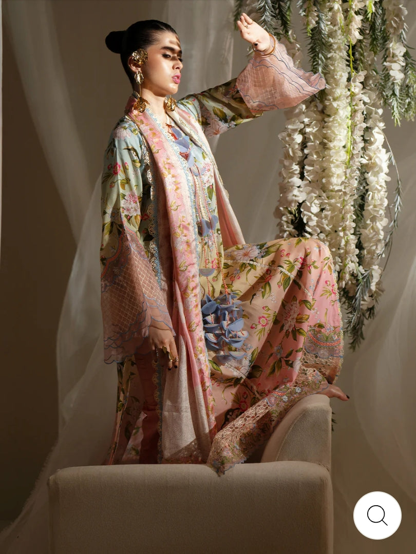 Eres Bonita by BinIlyas Embroidered Viscose Shirt with Digital Print Chiffon Dupatta & Trousers | 3-Piece Unstitched Suit 1105-A